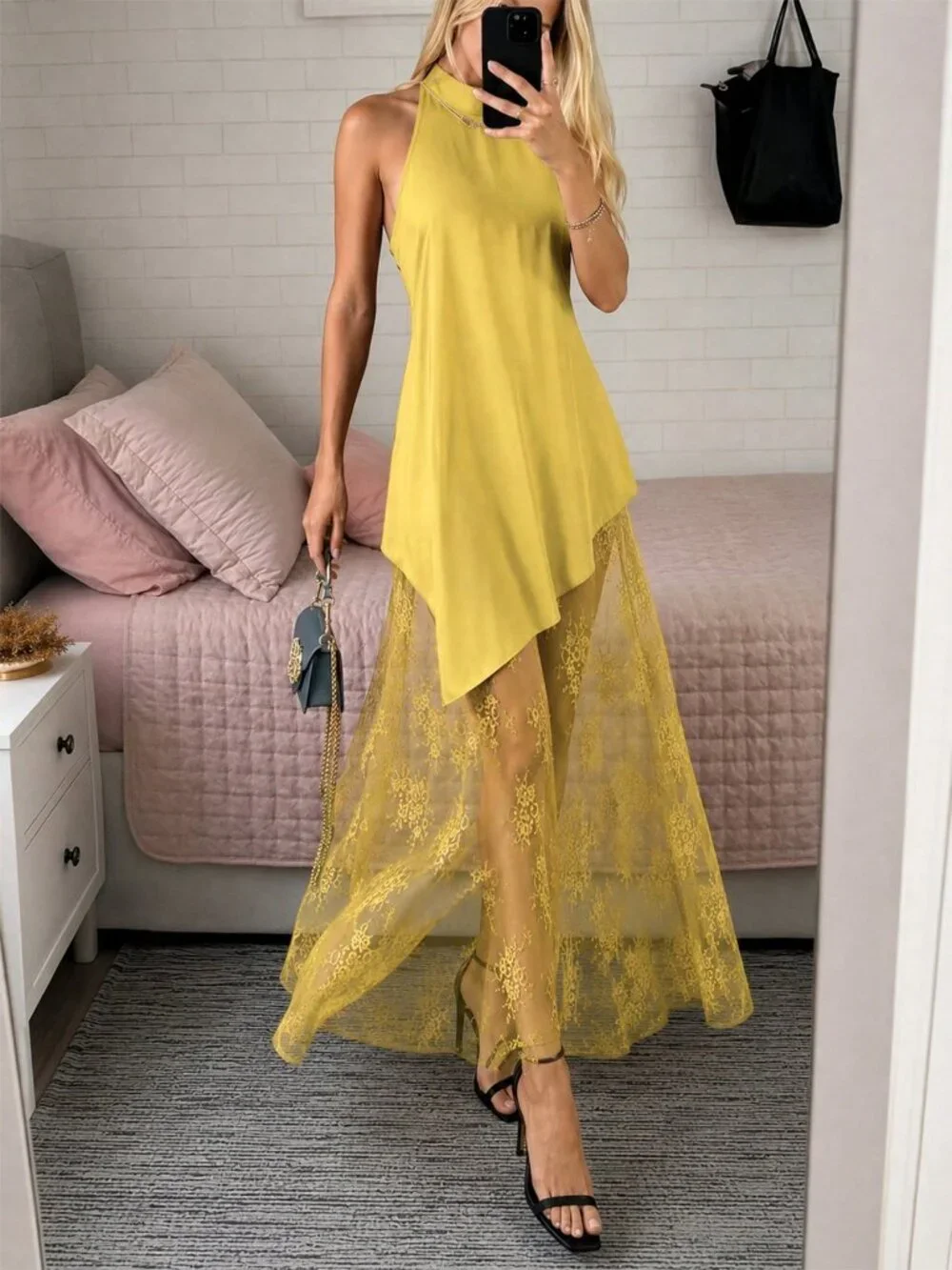 Yellow Casual Women's Sleeveless Sheer Lace detailed A-Line Dress - Picture 2 of 6